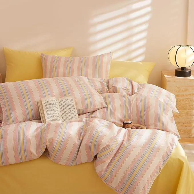 Original EAVD Retro Striped Comforter Set Queen Multicolor Soft Washed Cotton Chic Colorful Striped Bedding Set with 2 Pillowcases Reversible Farmhouse Geometric Pattern Comforter Set for All-Season Optimized