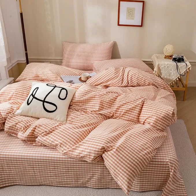 Lightweight EAVD Pink Tan Gingham Comforter Set Twin XL Soft Washed Cotton Farmhouse Mini Pink Tan Checkered Plaid Bedding Set with 2 Pillowcases Modern Farmhouse Reversible Plaid Comforter Set for All-Season Premium