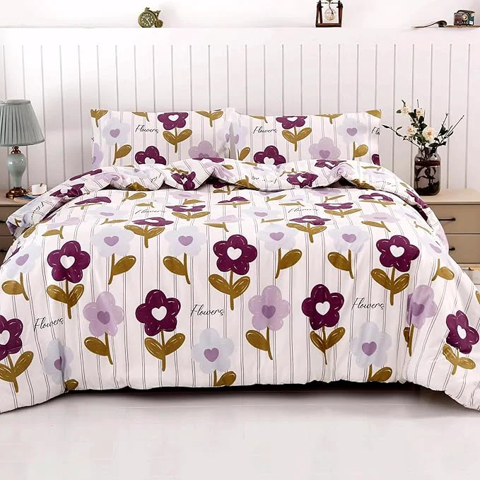 Smooth SDIII Purple Floral Comforter Set Queen 3 Pieces Soft Microfiber Lightweight Vintage Floral Queen Comforter Set Vintage Bedding for All Season High-Grade