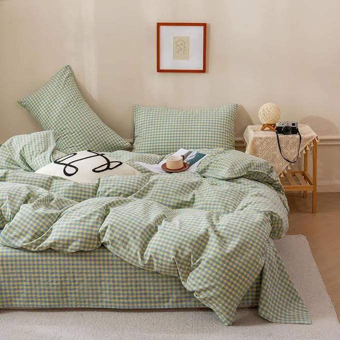 Solid EAVD Blue Yellow Gingham Comforter Set Queen Soft Mini Grid Plaid Checkered Pattern Bedding Set with 2 Pillowcases Modern Farmhouse Gingham Plaid Comforter Set for All-Season Selected