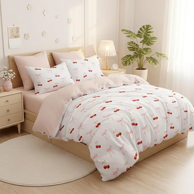 Certified Nayoroom Pink Bow Comforter Set Full Size Reversible Red Cherry Comforter 3 Pieces Soft Lightweight Kids Girls Cute Aesthetic Dorm Sophisticated