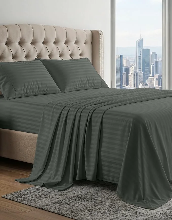 Consistent LANE LINEN Egyptian Cotton Bed Sheets Queen Size Long Staple Soft amp Comfy Sateen Weave No Pill Fade Resistant Machine wash 15 quot Deep Pocket Queen Sheets – Damask Stripe Dark Grey Clean