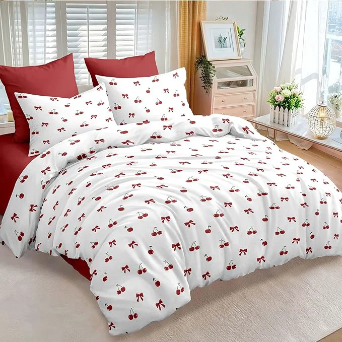 Functional Nayoroom Red Cherry Comforter Set Queen Size Cute Bow Comforter 3 Pieces Soft Lightweight Kids Girls Aesthetic Dorm Bedding Set for All Seasons Proven