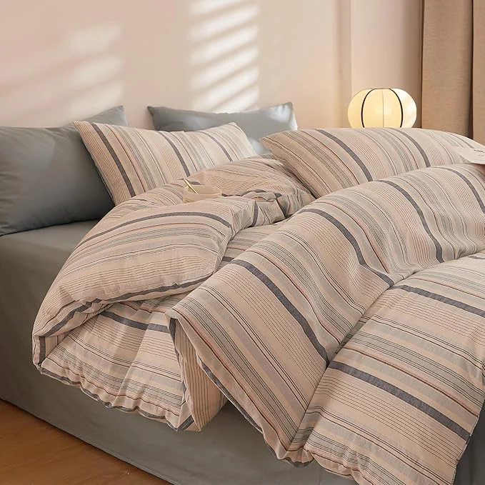 Verified EAVD Striped Comforter Set Queen Multi-Color Striped Bedding Comforter Set 3 Pieces Farmhouse Geometric Bedding Set with 2 Pillowcases for All-Season Soft Fluffy Lightweight Elegant