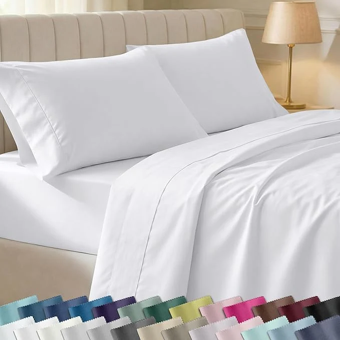 Relaxed California Design Den Full Size Bed Sheets Set – Soft 400 Thread Count Sateen Natural Cotton Sheets Full Size Bed Set Deep Pockets for a Snug Fit Durable Bedding – White Elite