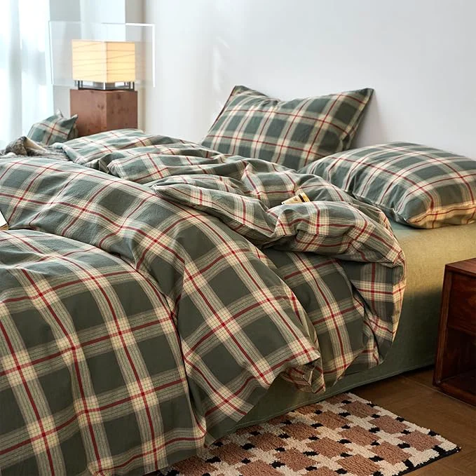 Expertly Made EAVD Vintage Green Buffalo Plaid Comforter Set Twin XL Soft Washed Cotton Retro Green amp Red Grid Checkered Bedding Set with 2 Pillowcases Farmhouse Gingham Comforter Set for All-Season Relaxed