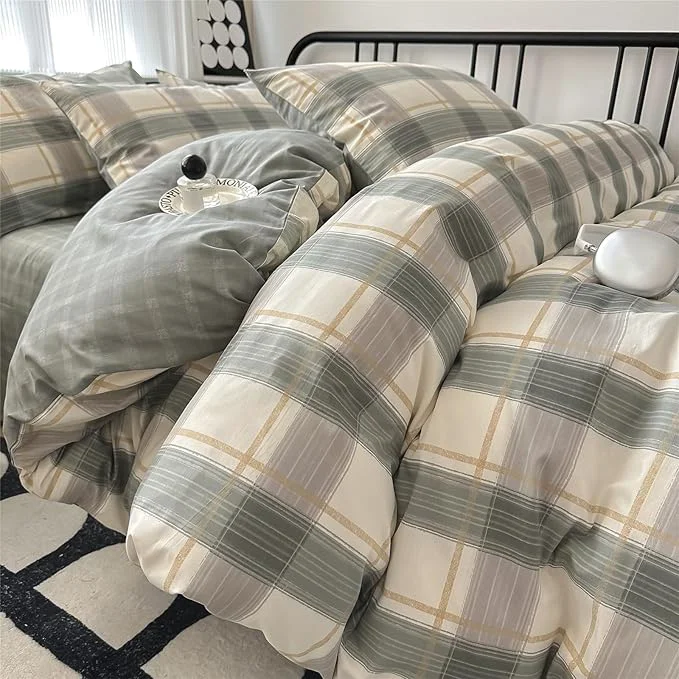 Eco-Friendly EAVD Green Gingham Comforter Set Twin XL 3 Pieces Grid Plaid Comforter Set Modern Simple Grid Checkered Bedding Set with 2 Pillowcases Reversible Gingham Bedding Set for Boys Women Men Fashionable