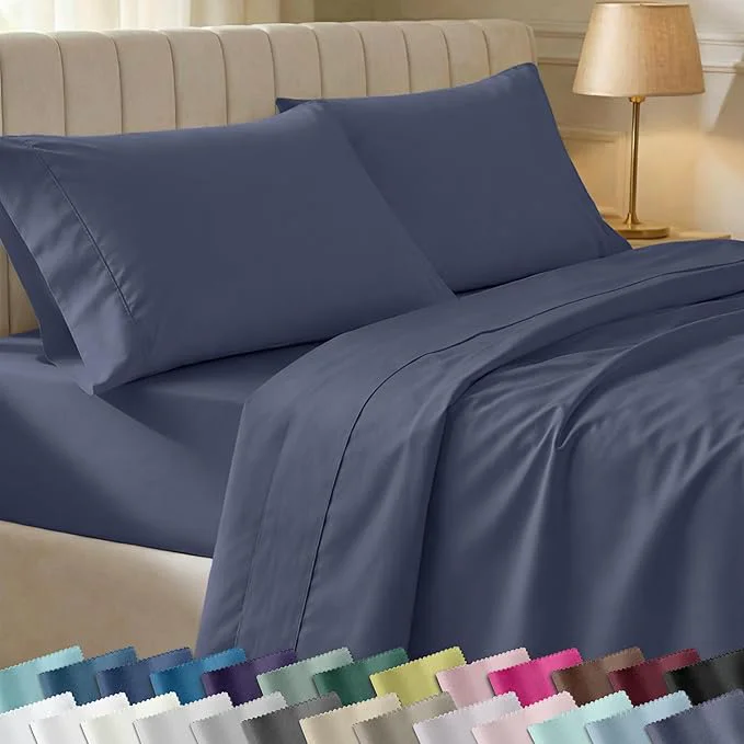 Secure California Design Den Twin XL Sheet Sets – Soft 400 Thread Count Sateen Natural Cotton Sheets with Deep Pockets Durable Bedding Set – Indigo Dusty Blue Powerful