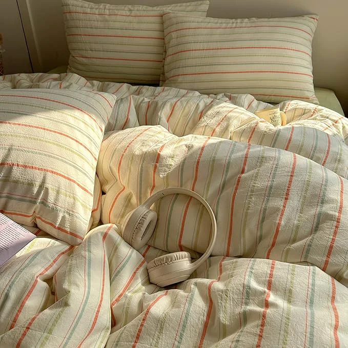 Safe EAVD Vintage Colorful Striped Comforter Set Full Soft Cotton 3-Piece Retro Vertical Striped Bedding Set with 2 Pillowcases Boho Geometric Comforter Set for All-Season Orange amp Yellow amp Green Full