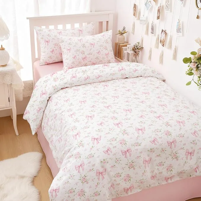 Natural Nayoroom Pink Bow Comforter Set Queen Size White Green Leaf Floral Comforter 3 Pieces Girls Soft Lightweight Cute Coquette Bedding Set for All Seasons Fine Crafted