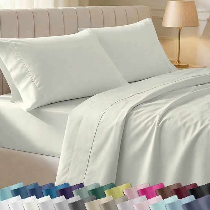 Reliable California Design Den King Bed Sheets Set – Soft 400 Thread Count Sateen Natural Cotton Sheets Deep Pockets All Around Elastic for a Snug Fit Durable Bedding Set – Ivory Pale Tone Contemporary