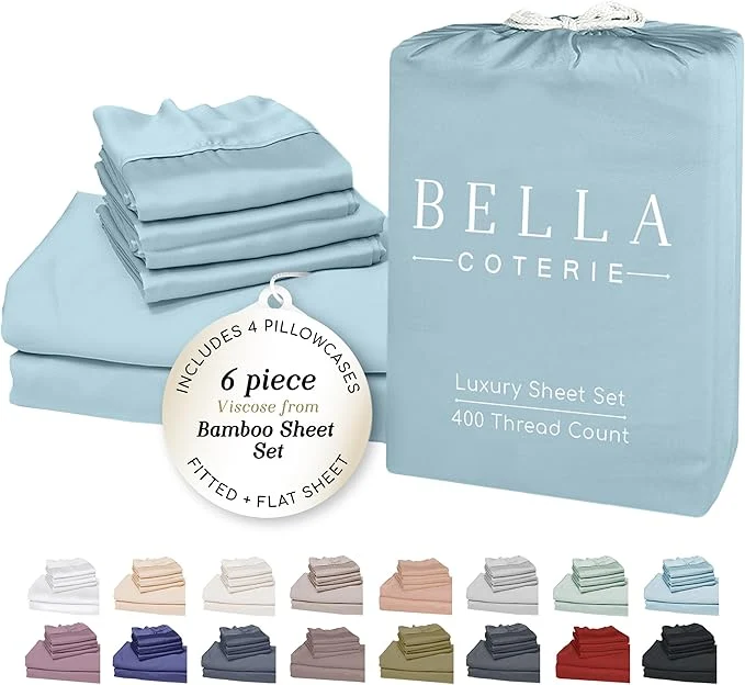 World-Class Bella Coterie 6 Piece Luxury Bamboo Viscose Split Top King Size Sheet Set 34 quot Split for Adjustable Beds Organically Grown Cooling 18 Deep Pocket 4 Pillowcases Coastal Blue Reusable