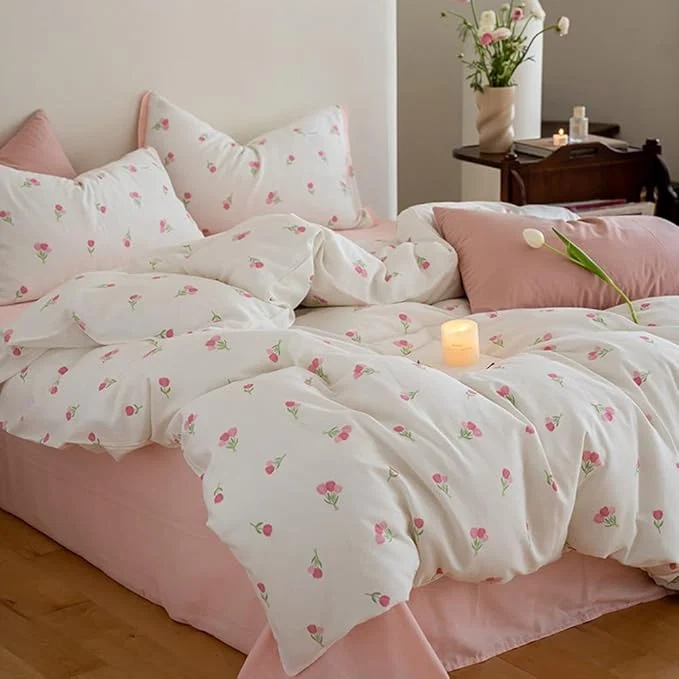 Solid Nayoroom Pink Floral Comforter Set Full Size Coquette Tulip Printed on White Comforter 3 Pieces Kids Girls Soft Cute Dorm Bedding Set for All Seasons 1 Comforter 2 Pillow Shams Sophisticated