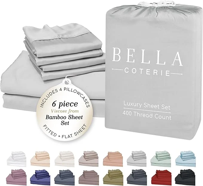 Crafted Bella Coterie 6 Piece Luxury Bamboo Viscose Queen Size Sheet Set Organically Grown Cooling for Hot Sleepers 18 quot Deep Pocket Soft amp Hypoallergenic 4 Pillowcases Grey Mist