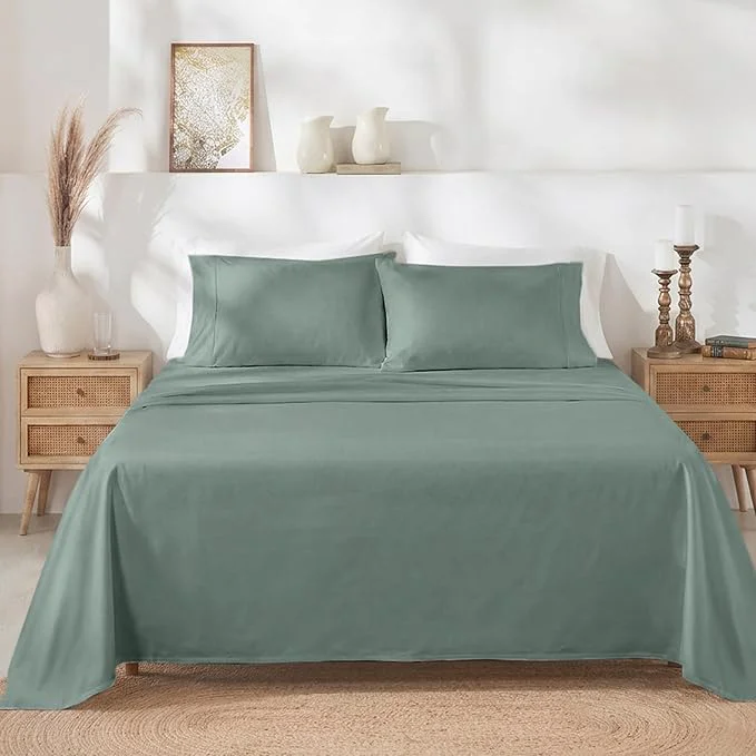 Pure California Design Den Twin XL Sheet Sets – Soft 400 Thread Count Sateen Natural Cotton Sheets Set with Deep Pockets and Durable Bedding – Sage Green Environmentally Friendly