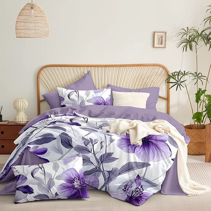 Innovative Nayoroom Purple Floral Comforter Set King Size Lavender Blooming Flower Leaf Printed Spring Comforter 3 Pcs Soft Lightweight Cottagecore Bedding Set for All Seasons 1 Comforter 2 Pillowcases Carefully Designed