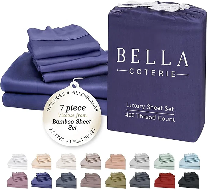 Responsible Bella Coterie 7 Piece Luxury Bamboo Viscose Split King Size Sheet Set 2 Fitted Sheets for Adjustable Beds Organically Grown Cooling for Hot Sleepers 4 Pillowcases Twilight Blue Smooth