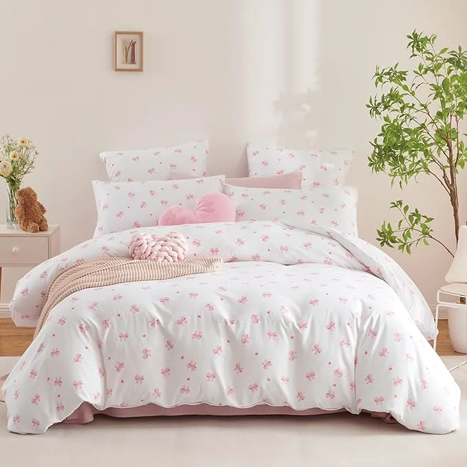 Contemporary Nayoroom Pink Bow Comforter Set Queen Size Heart Bowknot Printed Coquette Bedding Set 3 Pcs Kids Girls Cute Comforter for All Seasons 1 Comforter 2 Pillow Shams Fine