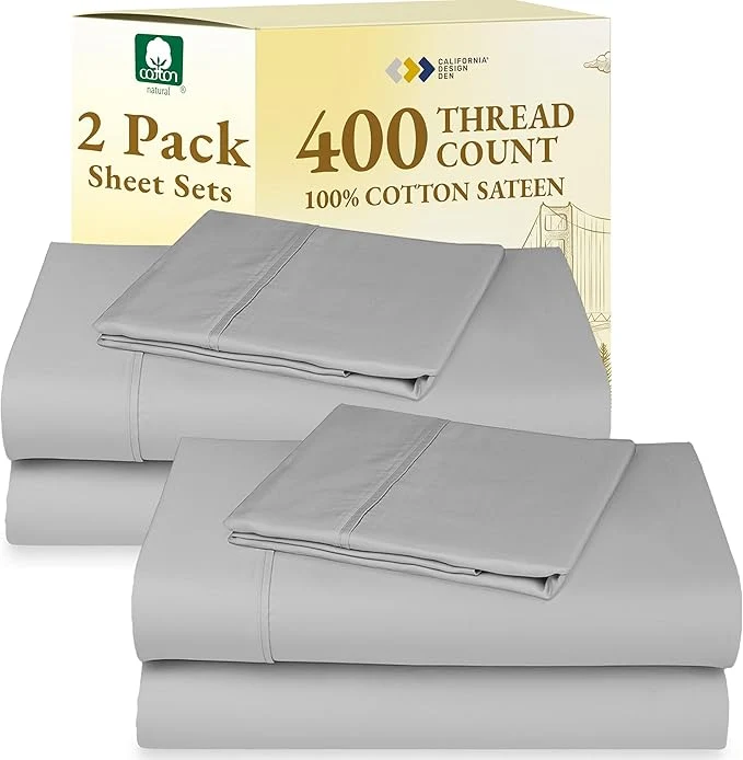 Efficient California Design Den 2-Pack Twin XL Sheet Set Cotton – 400 Thread Count Cotton Sateen – Soft and Breathable Sheets Twin XL Sheet Sets 2 Sets of Deep Pocket Bed Sheets – Light Grey Pure