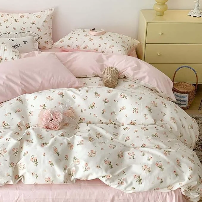 Eco-Friendly Nayoroom Pink Floral Comforter Set Queen Size Reversible Green Leaf Cottagecore Comforter Girls 3 Pcs Soft Lightweight Aesthetic Bedding Set for All Seasons 1 Comforter 2 Pillowcases Clean