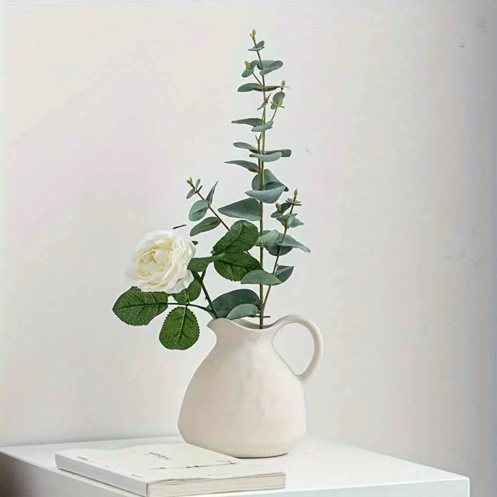 Minimalist Ceramic Kettle Vase Rustic White Cylinder Pottery with Handle Versatile