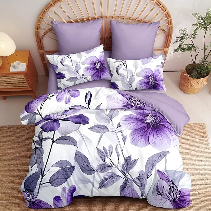 Enhanced Nayoroom Purple Floral Comforter Set Twin Size Lavender Blooming Flower Leaf Printed Spring Comforter 2 Pcs Soft Lightweight Cottagecore Bedding Set for All Seasons 1 Comforter 1 Pillowcase Sophisticated