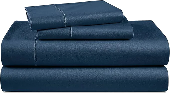 Responsible LANE LINEN Egyptian Cotton Bed Sheets Full Size Long Staple Mercerized Cotton Bedding Sheets Luxury Hotel Like Thick 15 inch Deep Pocket Full Sheet Reinforced French Seams -Estate Blue Organic
