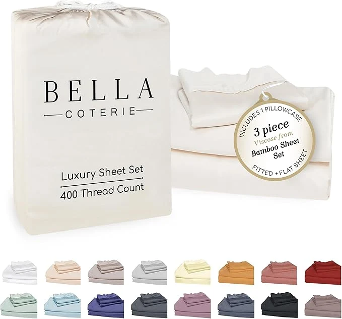 Sophisticated Bella Coterie Luxury Bamboo Viscose Twin XL Size Sheet Set Organically Grown Ultra Soft Cooling for Hot Sleepers 18 quot Deep Pocket Ivory Trendy
