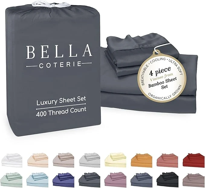 Sophisticated Bella Coterie Luxury Bamboo Viscose King Size Sheet Set Organically Grown Ultra Soft Cooling for Hot Sleepers 18 quot Deep Pocket Charcoal Grey Premium