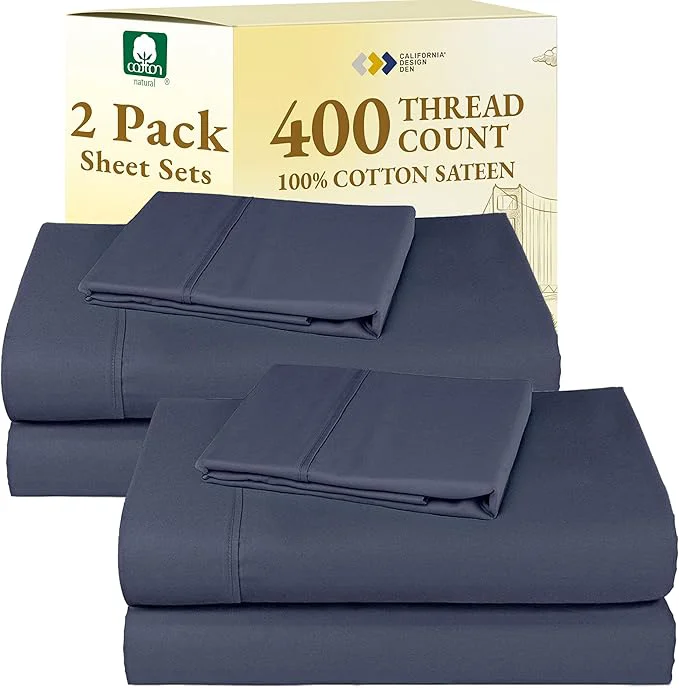 Environmentally Friendly California Design Den 2-Pack Twin XL Sheet Sets – 400 Thread Count Cotton Sateen Sheets – Soft and Breathable Sheets 2 Sets of Deep Pocket Bed Sheets – Indigo Dusty Blue Original Design