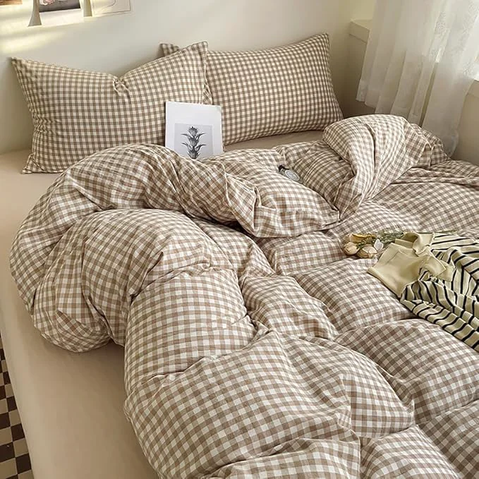 Dependable Nayoroom Brown Gingham Comforter Set Full Size Tan Plaid Checkered Comforter 3 Pieces Soft Lightweight Grid Farmhouse Dorm Bedding Set for All Seasons Detailed