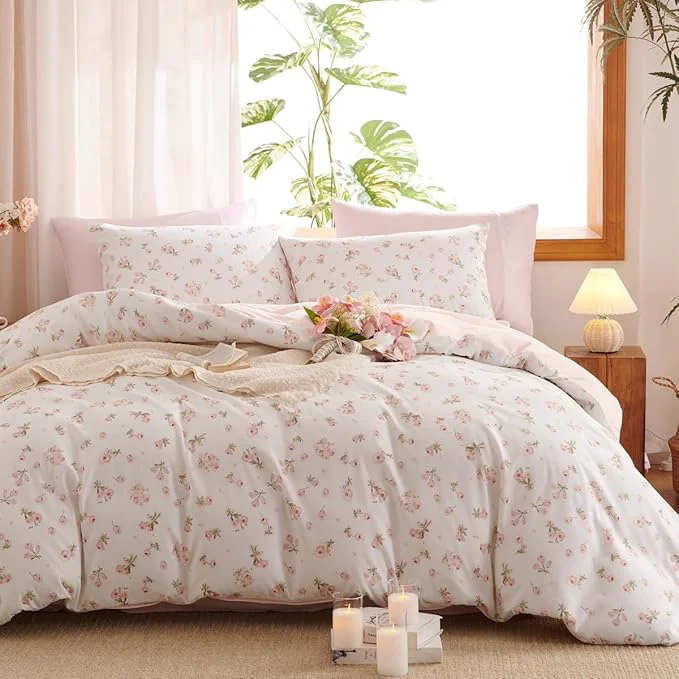 Functional Floral Comforter Set Twin Size – 2 Pieces Pink White Floral Comforter Bedding Sets Reversible Pattern Twin Bed in a Bag with Flowers Comforter and 1 Pillowcase Fine Crafted