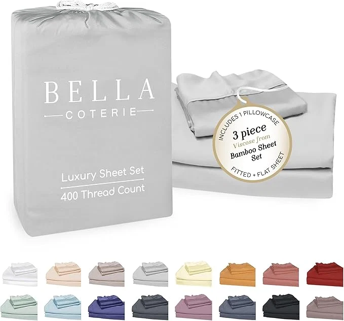 Reliable Bella Coterie Luxury Bamboo Viscose Twin Size Sheet Set Organically Grown Ultra Soft Cooling for Hot Sleepers 18 quot Deep Pocket Grey Mist Classic