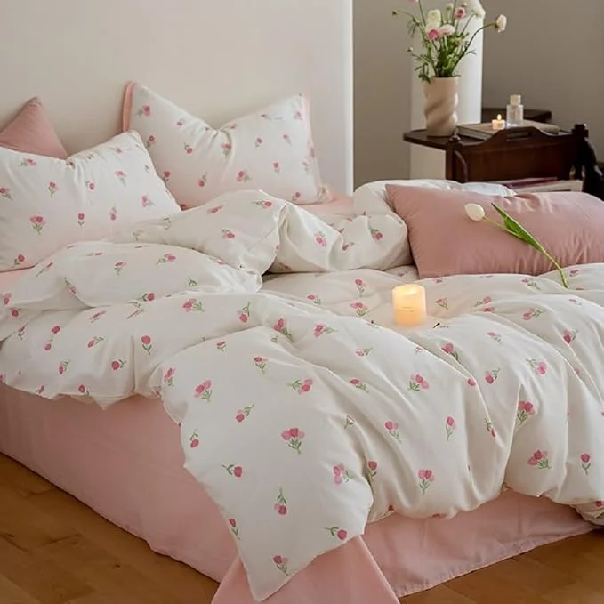Durable Floral Comforter Set Queen Size – 3 Pieces Pink White Floral Comforter Bedding Sets Tulips Pattern Queen Bed in a Bag with Heart Comforter and 2 Pillowcases Dependable