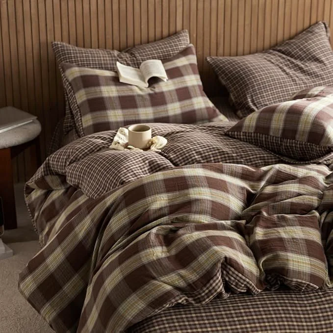 Easy-to-Use EAVD Vintage Coffee Gingham Comforter Set Queen Soft Muslin Cotton Chic Shabby Yellow Green Grid Checkered Pattern Bedding Set with 2 Pillowcases Reversible Farmhouse Plaid Comforter Set Effective