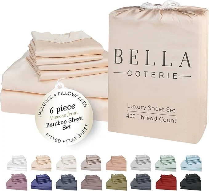 Breathable Bella Coterie 6 Piece Luxury Bamboo Viscose Split Top King Size Sheet Set 34 quot Split for Adjustable Beds Organically Grown Cooling 18 Deep Pocket 4 Pillowcases Champagne Fast