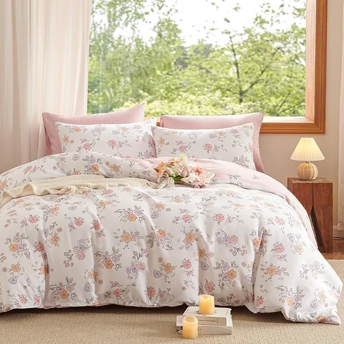 Smart Floral Comforter Set Queen Size – 3 Pieces Pink White Floral Comforter Bedding Sets Reversible Pattern Queen Bed in a Bag with Flowers Comforter and 2 Pillowcases Excellent