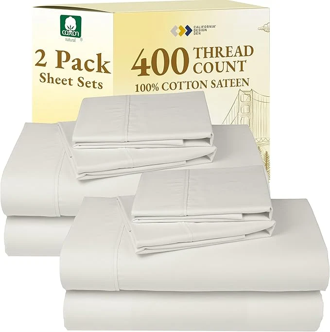 Casual California Design Den 2-Pack Cotton Sheet Sets King Size 400 Thread Count Sateen – Soft and Breathable Sheets 2 Sets of Deep Pocket Bed Sheets – Ivory Pale Tone Unique