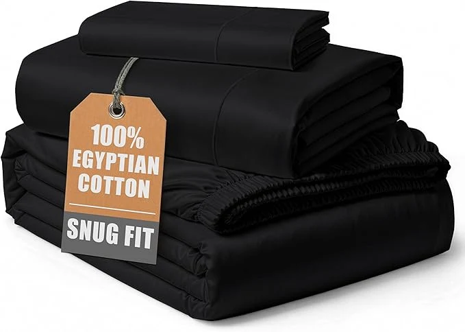 Long-Lasting LANE LINEN Egyptian Cotton Extra Long Twin Sheets Long Staple Mercerized Cotton No Pill Fade Resistant Silky Sateen Weave for Soft amp Comfy Good Night Sleep – Black Solid