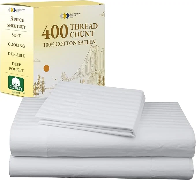 Pure California Design Den Striped Twin Sheets Set – Soft 400 Thread Count Sateen Natural Cotton Sheets Twin Size Bed Set with Deep Pockets and Durable Bedding – Striped White Effective