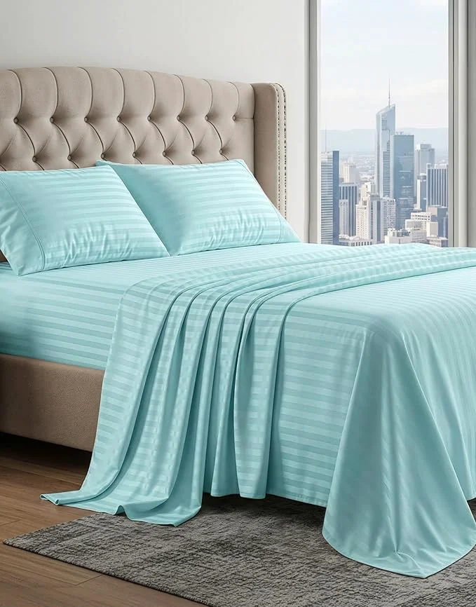Minimalist LANE LINEN Egyptian Cotton Luxury Bedding Queen Sheet Set Fade Resistant No Pill Naturally Cooling Soft amp Comfy Silky Smotth Sateen Weave Sheets Damask Stripe – Blue Sky Practical