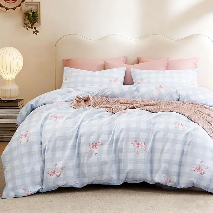 Effective Comforter Set Queen Size – 3 Pieces Blue Pink Bows Comforter Set Gingham Checkered Bedding Sets Queen Bed in a Bag Plaid Comforter and 2 Pillowcase Back to School Comforter Fashionable