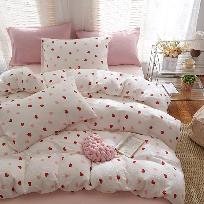 Modern Girls Comforter Set Twin Size – 2 Pieces Red Pink Heart Comforter Bedding Sets for Kids Twin Bed in a Bag with Heart Comforter and 1 Pillowcase Healthy