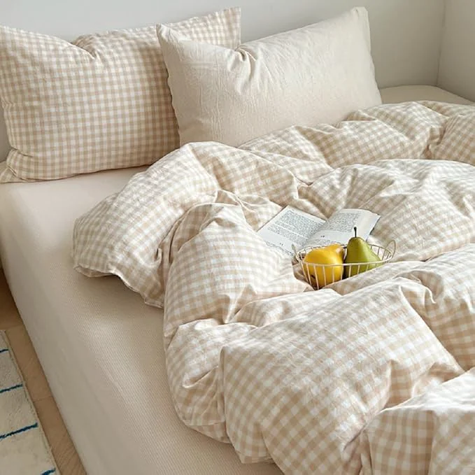 Unique Gingham Comforter Set Queen Size – 3 Pieces Beige White Gingham Comforter Bedding Sets Checkered Pattern Queen Bed in a Bag with Plaid Comforter and 2 Pillowcases Easy-to-Use