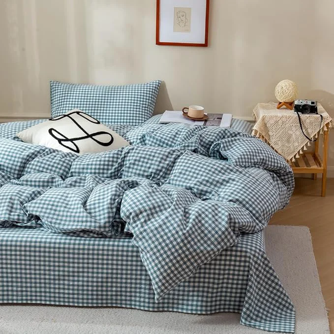 Long-Lasting EAVD Blue Gingham Comforter Set Queen Soft Fluffy White and Blue Plaid Bedding Set with 2 Pillowcases Modern Grid Plaid Comforter Set Reversible Farmhouse Gingham Bedding Set for All-Season Durable