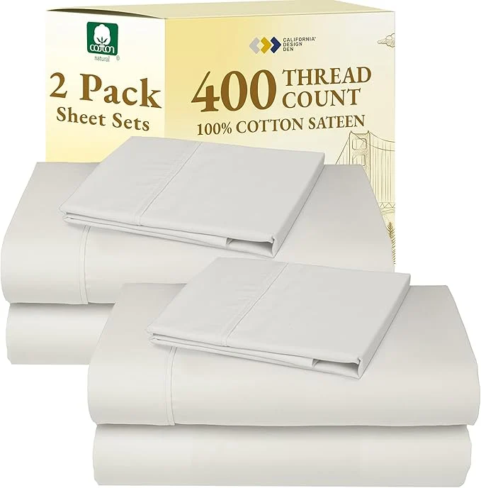Top-Quality California Design Den 2-Pack Twin XL Sheet Set – 400 Thread Count Sateen Cotton Twin XL Sheet Sets – Soft Breathable Sheets 2 Sets of Deep Pocket Bed Sheets – Ivory Pale Tone First-Class