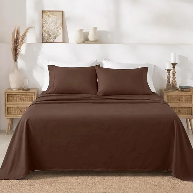 Contemporary California Design Den Natural Cotton King Size Sheets Set – Soft 400 Thread Count Sateen Deep Pocket Bed Sheets Breathable and Durable Bedding Set – Espresso Chocolate Brown Organic