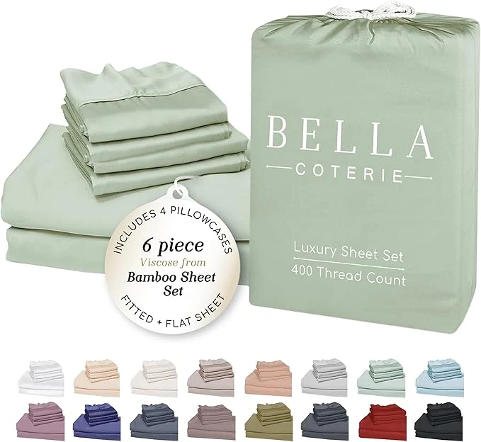 Relaxed Bella Coterie 6 Piece Luxury Bamboo Viscose Split Top King Size Sheet Set 34 quot Split for Adjustable Beds Organically Grown Cooling 18 Deep Pocket 4 Pillowcases Sea Glass Enhanced