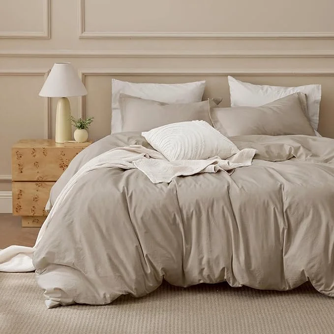 Easy-to-Use Bedsure Washed Cotton Duvet Cover Full Size – Frosted Almond Minimalist Bedding Set Linen Like – PureWoven Plain Simple amp Soft Comforter Cover for All Seasons Frosted Almond Full 80 quot x90 quot Contemporary