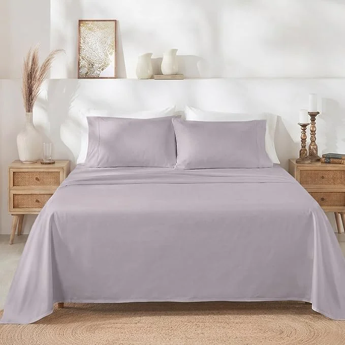 Trendy California Design Den Twin XL Sheet Sets – Soft 400 Thread Count Sateen Natural Cotton Sheets with Deep Pockets and Durable Bedding Set – Dusky Lavender Grey Minimalist